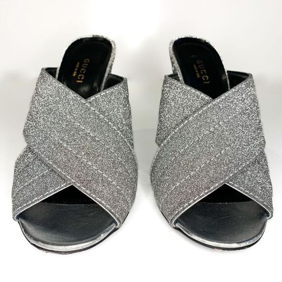 Gucci Webby Mules EU 36.5 US 6.5 Silver Glitter Block Heel Criss Cross Sandals - Picture 3 of 9